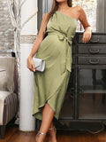 Inrosy robe de grossesse moulante satin fendu fluide ceinture une épaule femme élégant de cocktail enceinte