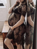 Inrosy mini robe de grossesse shooting photo transparent dentelle col rond manches courtes femme mode enceinte