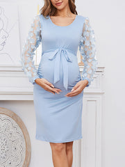 Inrosy robe de grossesse moulante fleurie ceinture col rond manches bishop manches longues femme doux élégant bapteme enceinte