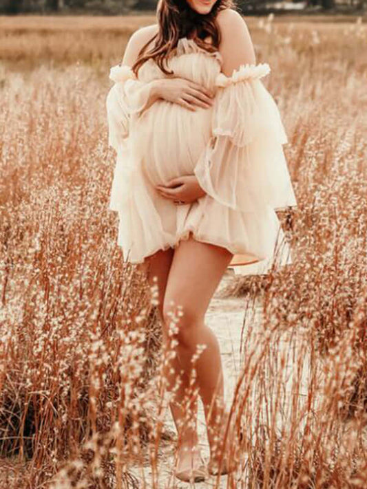 Inrosy mini robe de grossesse bouffante tutu en tulle dos nu col bateau manches longues femme casual doux enceinte photo shooting