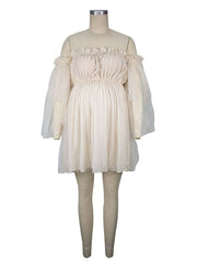 Inrosy mini robe de grossesse bouffante tutu en tulle dos nu col bateau manches longues femme casual doux enceinte photo shooting