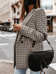 Inrosy mi-longue manteau blazer carreaux double boutonnage poches col revers manches longues femme mode veste automne