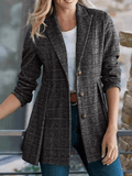 Inrosy mi-longue en lain carreaux plissé boutonnage manches longues femme élégant mode vintage blazer veste automne