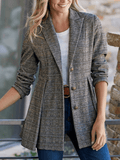 Inrosy mi-longue en lain carreaux plissé boutonnage manches longues femme élégant mode vintage blazer veste automne