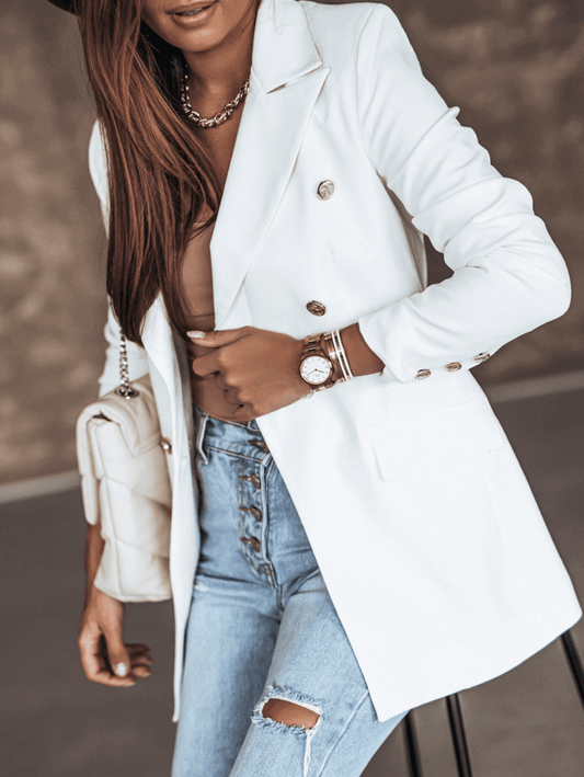 Inrosy blazer unicolore double boutonnage poches col revers manches longues femme style tailleur mode décontracté veste automne