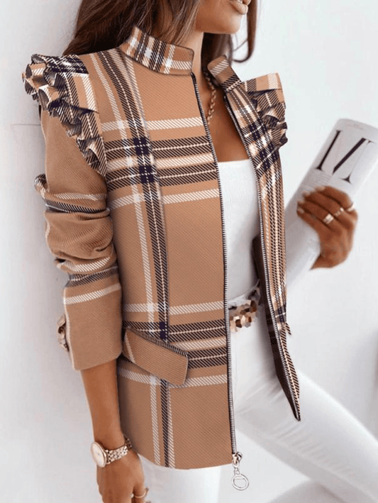 Inrosy court blazer carreaux peplum ceinture col montant manches longues femme casual élégant mode décontracté veste automne