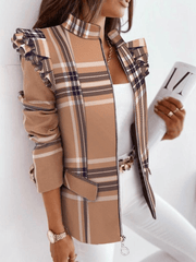 Inrosy court blazer carreaux peplum ceinture col montant manches longues femme casual élégant mode décontracté veste automne