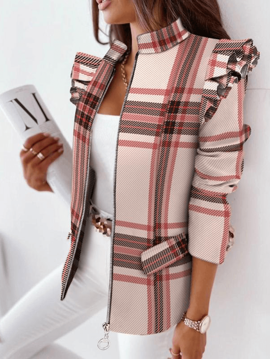 Inrosy court blazer carreaux peplum ceinture col montant manches longues femme casual élégant mode décontracté veste automne