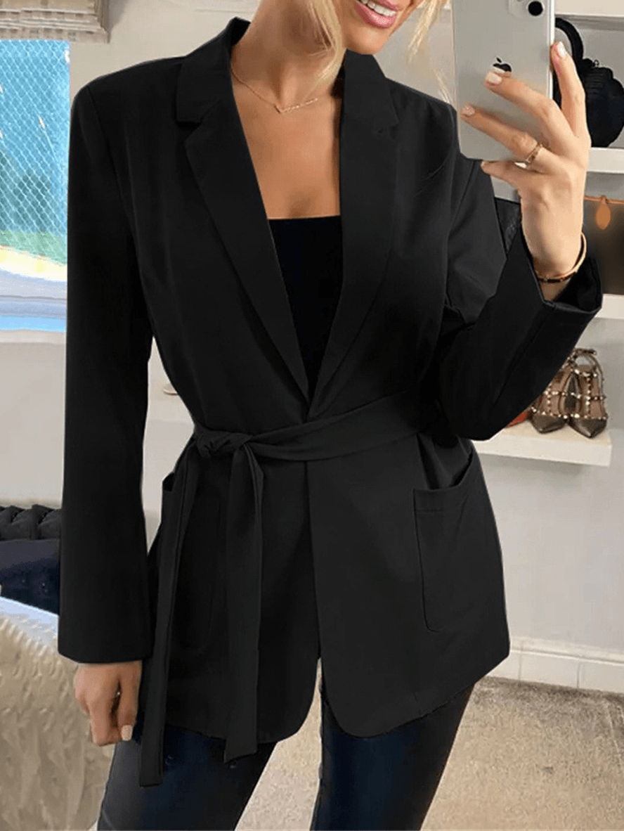 Inrosy mi-longue blazer unicolore ceinture noeud papillon poches manches longues femme élégant mode veste automne
