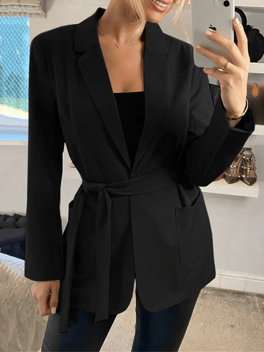Inrosy mi-longue blazer unicolore ceinture noeud papillon poches manches longues femme élégant mode veste automne