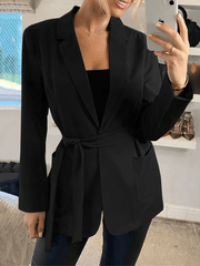 Inrosy mi-longue blazer unicolore ceinture noeud papillon poches manches longues femme élégant mode veste automne