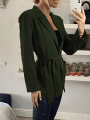 Inrosy mi-longue blazer unicolore ceinture noeud papillon poches manches longues femme élégant mode veste automne