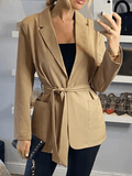 Inrosy mi-longue blazer unicolore ceinture noeud papillon poches manches longues femme élégant mode veste automne