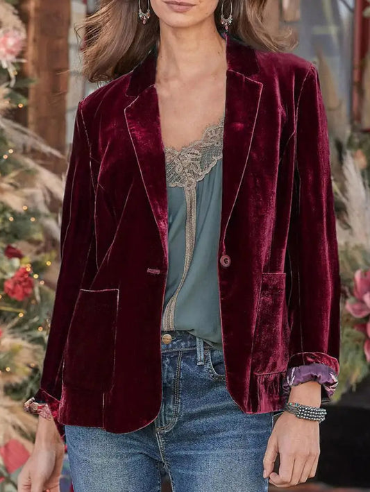 Inrosy blazer velours vintage boutonnage poches col revers femme casual élégant mode décontracté veste
