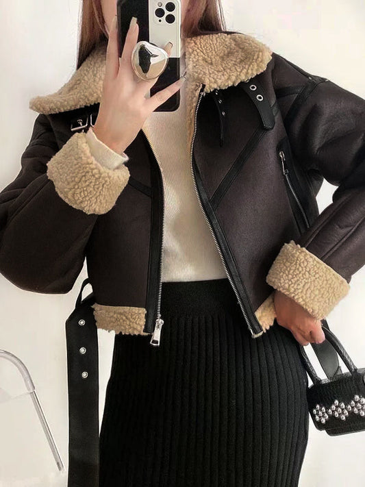 Inrosy court veste aviateur simili cuir peau de mouton fermeture éclair ceinture col revers femme bombardier