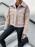 Inrosy mi-longue manteau aviateur en suedine manches longues femme perfecto veste style boyfriend hiver