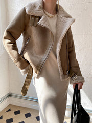 Inrosy manteau aviateur suedine fermeture éclair ceinture col revers femme veste style boyfriend