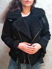 Inrosy manteau aviateur suedine fermeture éclair ceinture col revers femme veste style boyfriend