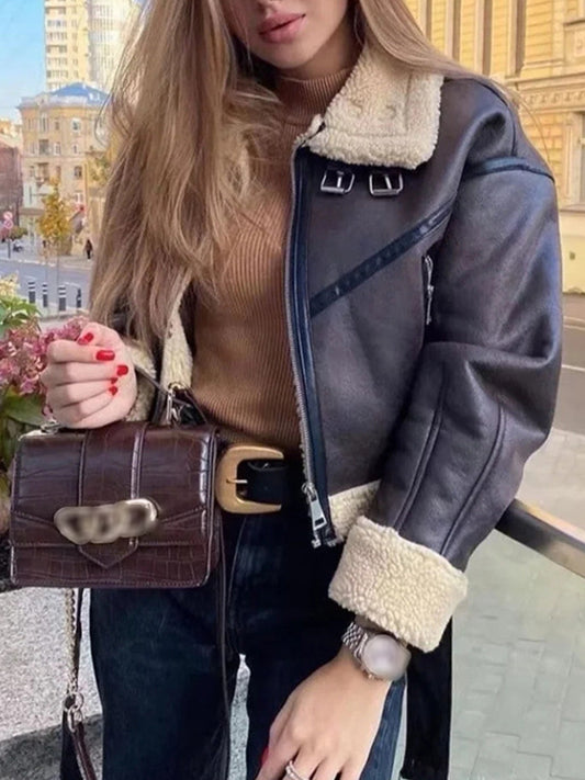 Inrosy court perfecto manteau aviateur suedine polaire ceinture poches col revers manches longues femme oversized veste