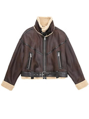 Inrosy court perfecto manteau aviateur suedine polaire ceinture poches col revers manches longues femme oversized veste