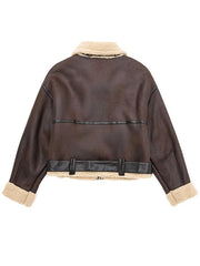 Inrosy court perfecto manteau aviateur suedine polaire ceinture poches col revers manches longues femme oversized veste