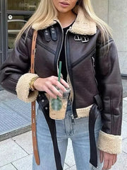 Inrosy court perfecto manteau aviateur suedine polaire ceinture poches col revers manches longues femme oversized veste