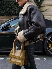 Inrosy court perfecto manteau aviateur suedine polaire ceinture poches col revers manches longues femme oversized veste