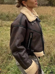Inrosy court perfecto manteau aviateur suedine polaire ceinture poches col revers manches longues femme oversized veste