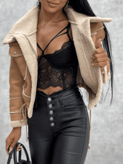 Inrosy perfecto court veste aviateur simili cuir peau de mouton polaire poches col revers manches longues femme mode bombardier