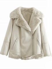 Inrosy veste aviateur doublé polaire ceinture fermeture éclair col revers manches longues femme oversized décontracté hiver manteau