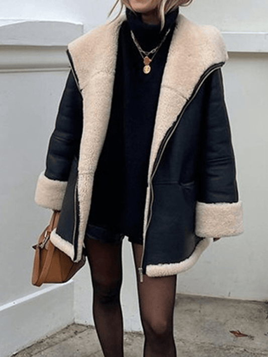 Inrosy mi-longue manteau aviateur simili cuir peau de mouton poches fermeture éclair col revers femme élégant mode vintage oversized veste