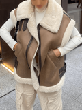 Inrosy gilet manteau aviateur doublé polaire poches ceinture fermeture éclair col revers sans manches femme décontracté hiver veste