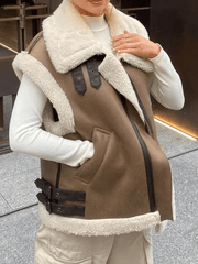 Inrosy gilet manteau aviateur doublé polaire poches ceinture fermeture éclair col revers sans manches femme décontracté hiver veste