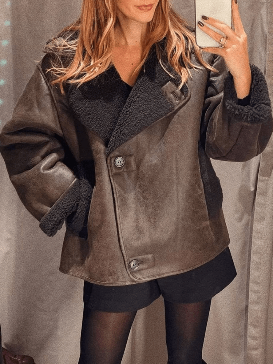 Inrosy manteau aviateur simili cuir doublé polaire boutons poches col revers manches longues femme mode décontracté veste