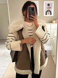 Inrosy veste sans manches doublé polaire molleton suedine poches ceinture chunky buckle col revers femme décontracté gilet