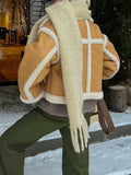 Inrosy court veste aviateur simili cuir polaire double boutonnage col revers femme élégant mode ample oversized hiver manteau