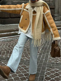 Inrosy court veste aviateur simili cuir polaire double boutonnage col revers femme élégant mode ample oversized hiver manteau