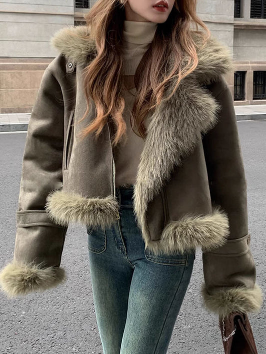 Inrosy manteau aviateur intérieur fourrure suedine col revers manches longues femme style boyfriend mode décontracté hiver veste