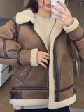 Inrosy manteau aviateur simili cuir avec polaire chunky buckle col revers manches longues femme style boyfriend vintage veste