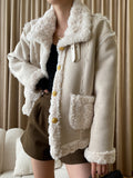 Inrosy veste en peau de mouton femme suedine polaire boutonnage poches col revers manches longues décontracté
