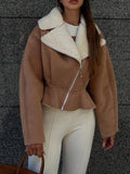 Inrosy court veste aviateur simili cuir peplum col revers manches longues femme casual élégant décontracté manteau