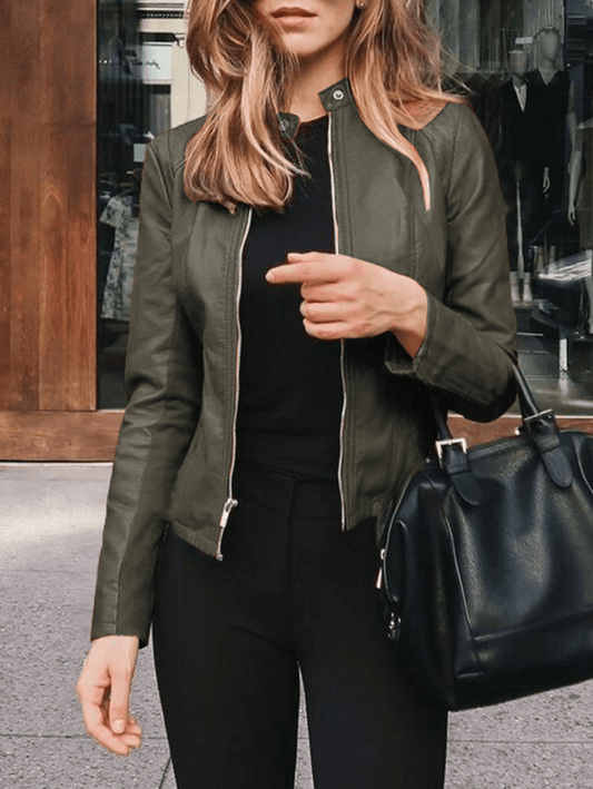 Inrosy court perfecto en simili cuir col montant manches longues femme élégant mode décontracté veste automne