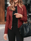 Inrosy court perfecto en simili cuir col montant manches longues femme élégant mode décontracté veste automne