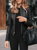 Inrosy court perfecto en simili cuir col montant manches longues femme élégant mode décontracté veste automne