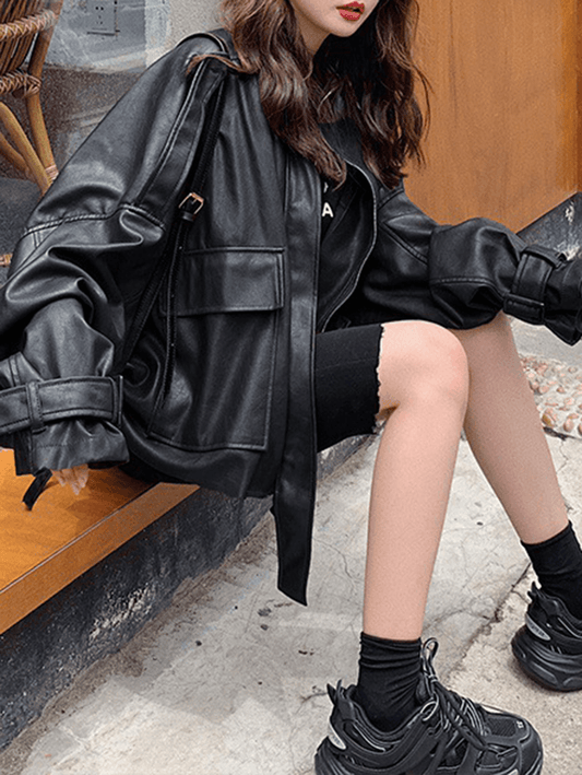 Inrosy veste simili cuir poches ceinture fermeture éclair col revers manches longues femme mode oversized vintage perfecto