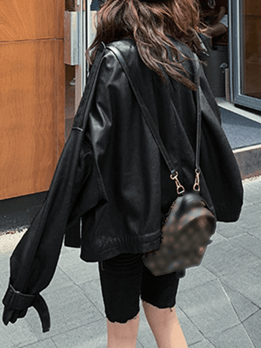 Inrosy veste simili cuir poches ceinture fermeture éclair col revers manches longues femme mode oversized vintage perfecto