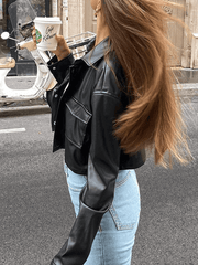 Inrosy court veste motard cropped simili cuir boutonnage poches col revers manches longues femme casual mode décontracté automne