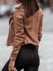 Inrosy court perfecto femme suedine daim fermeture éclair découpe v manches longues femme mode décontracté veste
