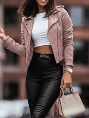 Inrosy court perfecto femme suedine daim fermeture éclair découpe v manches longues femme mode décontracté veste