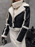 Inrosy court veste aviateur simili cuir polaire imitation peau de mouton chunky buckle col revers femme mode hiver manteau